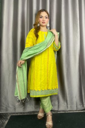 পিওর সুতি তাঁত থ্রি পিস হলুদ কালার