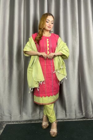 পিওর সুতি তাঁত থ্রি পিস মিষ্টি কালার