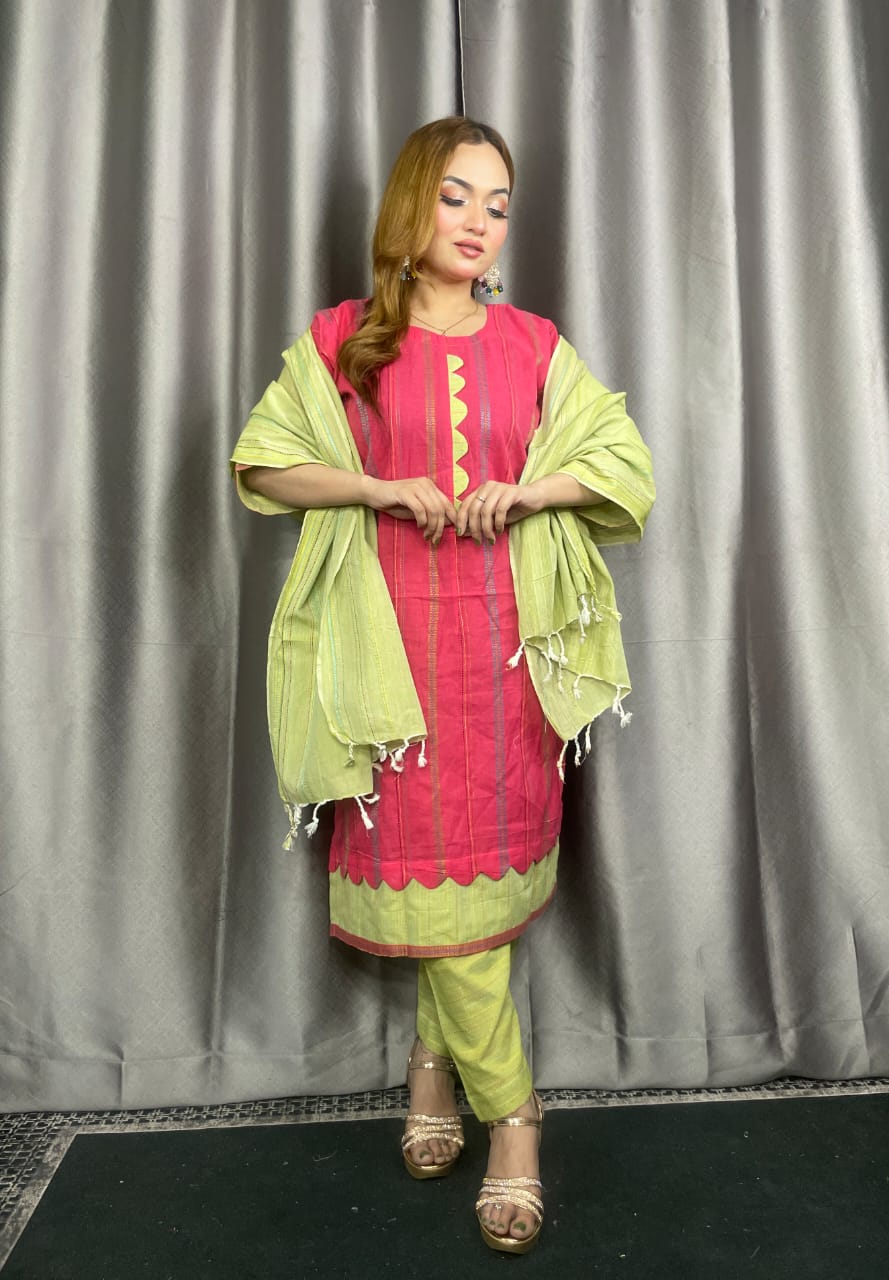 পিওর সুতি তাঁত থ্রি পিস - Image 2