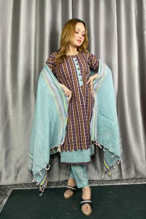 অরিজিনাল পিওর সুতি তাঁত থ্রি পিস কলিজা কালার