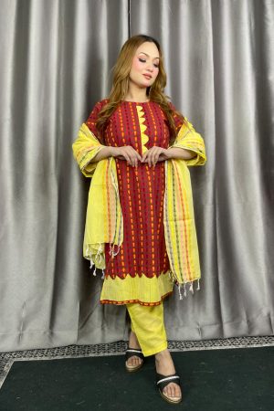 অরিজিনাল পিওর সুতি তাঁত থ্রি পিস মেরুন কালার