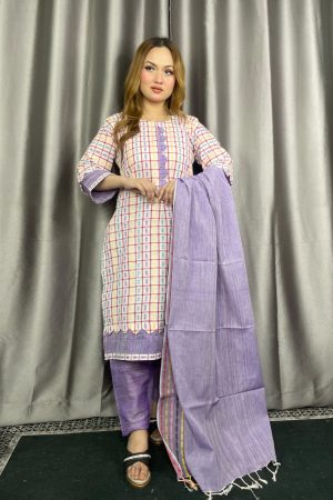 অরিজিনাল পিওর সুতি তাঁত থ্রি পিস সাদা কালার