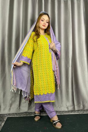 অরিজিনাল পিওর সুতি তাঁত থ্রি পিস হলুদ কালার